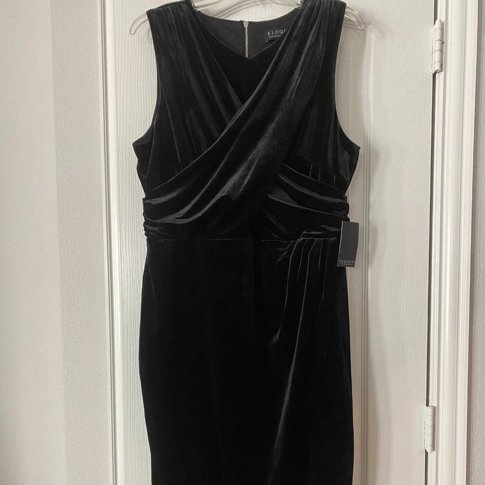 Eloquii Black Velvet Midi Dress with Asymmetrical hem